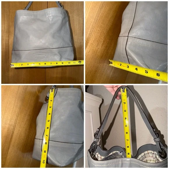 Coach Gray Leatherware Shoulder Bag Bucket Hobo Tattersall Plaid lining Z17197 - Picture 12 of 16